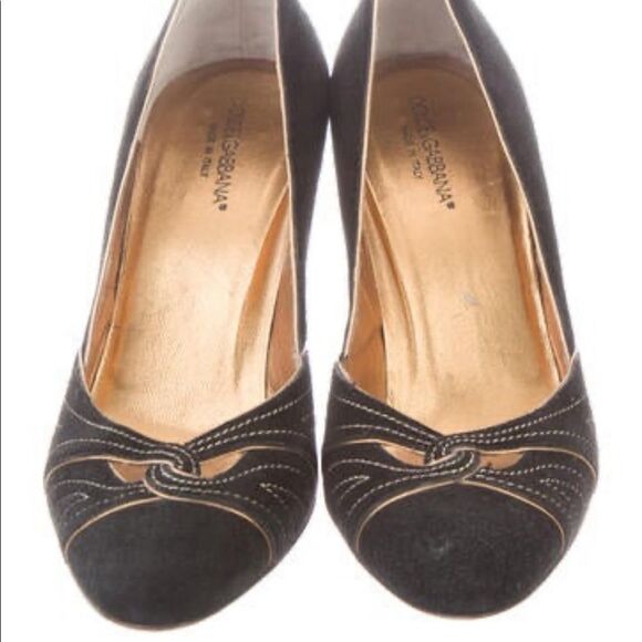 Dolce & Gabbana Suede Pointed Toe Heels sz 6.5 Black & Gold - Picture 4 of 8